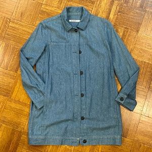 Ali Golden long lightweight Japanese denim chore jacket over shirt shacket XS